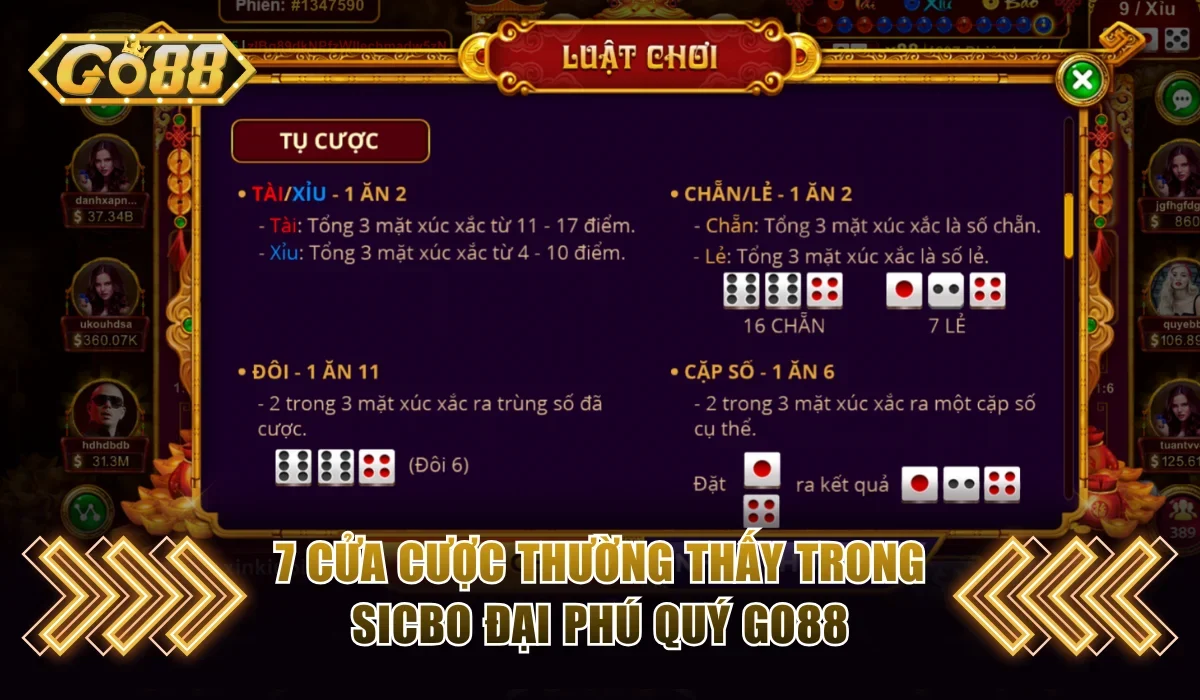 7 cửa cược thường thấy trong Sicbo Đại Phú Quý Go88