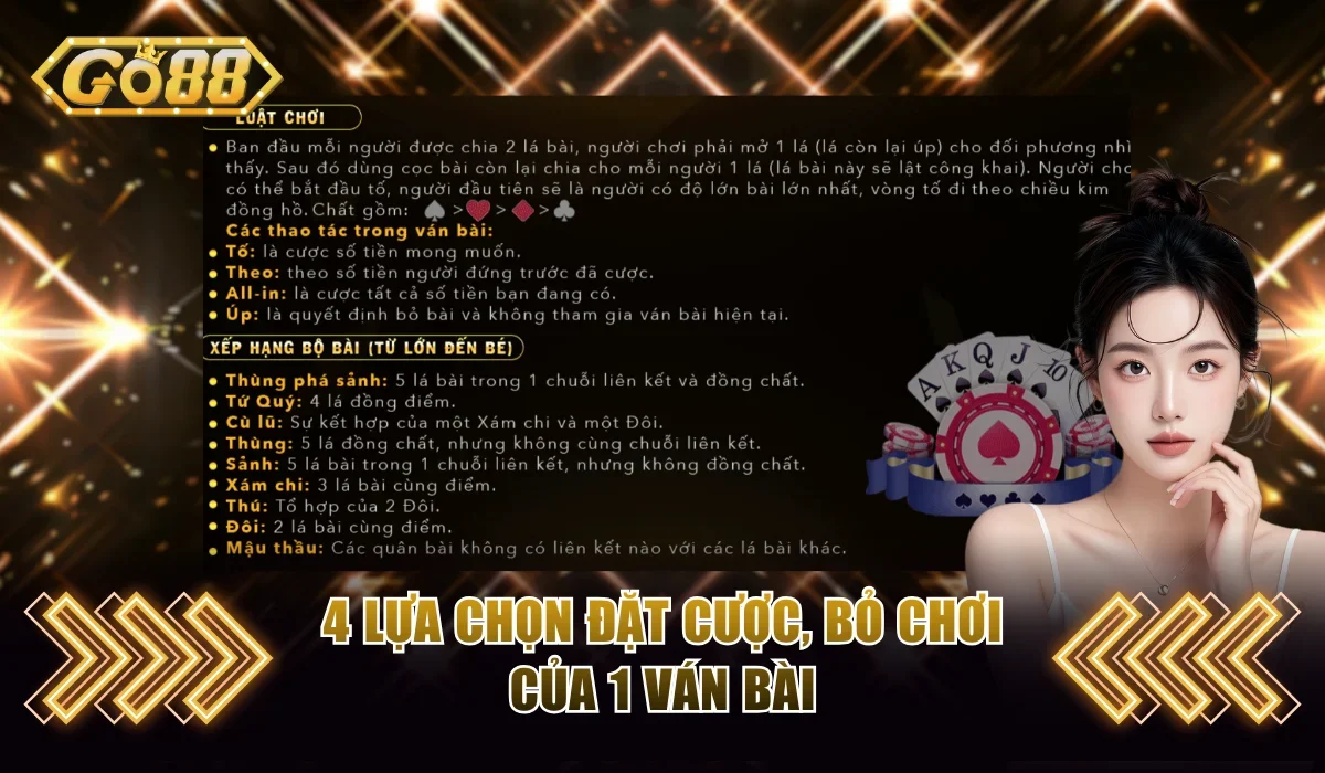 4 lựa chọn đặt cược, bỏ chơi của 1 ván bài